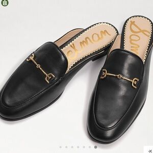 Sam Edelman Linnie Black and Gold Mules with Polished Leather